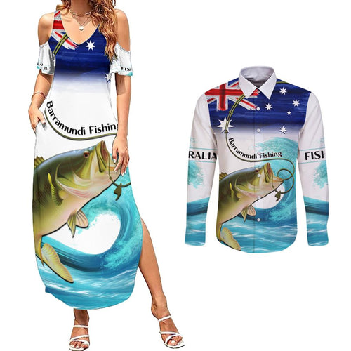Personalised Australia Fishing Couples Matching Summer Maxi Dress and Long Sleeve Button Shirt Barramundi With Ocean Waves Flag Grunge Style