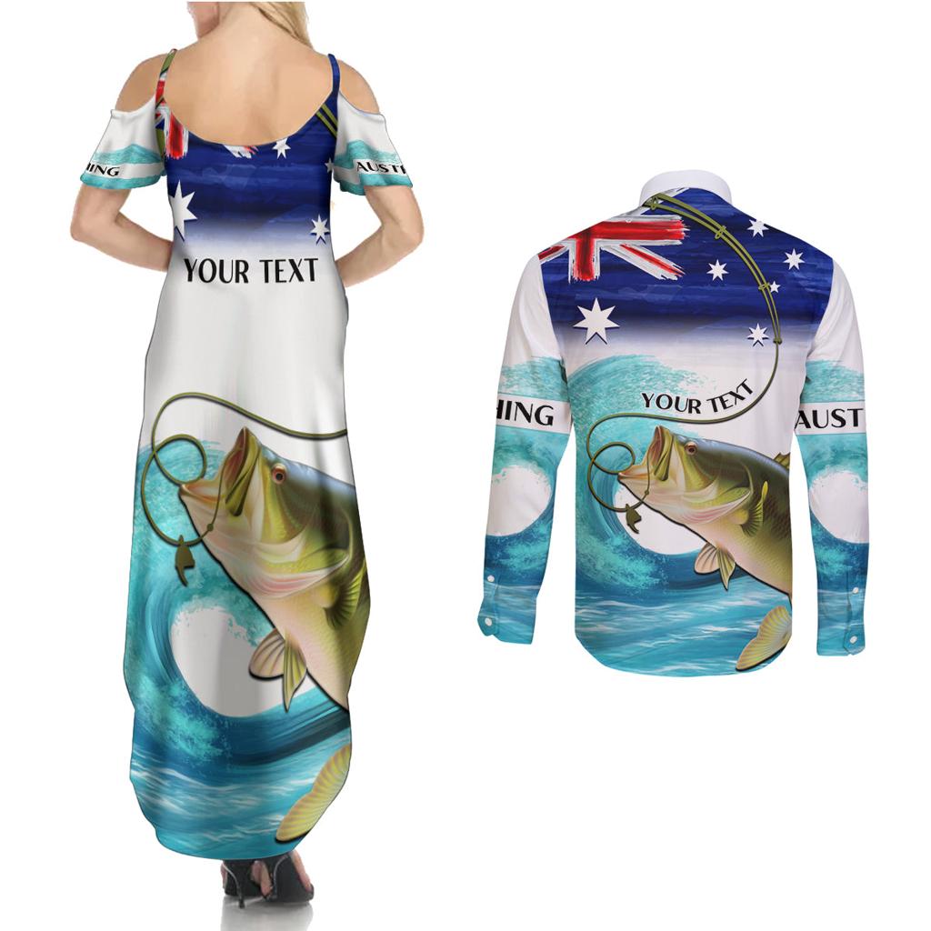 Personalised Australia Fishing Couples Matching Summer Maxi Dress and Long Sleeve Button Shirt Barramundi With Ocean Waves Flag Grunge Style