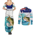 Personalised Australia Fishing Couples Matching Summer Maxi Dress and Long Sleeve Button Shirt Barramundi With Ocean Waves Flag Grunge Style