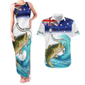 Personalised Australia Fishing Couples Matching Tank Maxi Dress and Hawaiian Shirt Barramundi With Ocean Waves Flag Grunge Style