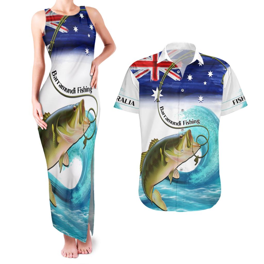 Personalised Australia Fishing Couples Matching Tank Maxi Dress and Hawaiian Shirt Barramundi With Ocean Waves Flag Grunge Style