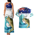 Personalised Australia Fishing Couples Matching Tank Maxi Dress and Hawaiian Shirt Barramundi With Ocean Waves Flag Grunge Style