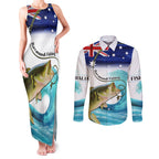 Personalised Australia Fishing Couples Matching Tank Maxi Dress and Long Sleeve Button Shirt Barramundi With Ocean Waves Flag Grunge Style