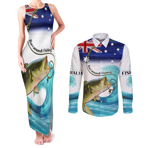 Personalised Australia Fishing Couples Matching Tank Maxi Dress and Long Sleeve Button Shirt Barramundi With Ocean Waves Flag Grunge Style