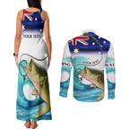 Personalised Australia Fishing Couples Matching Tank Maxi Dress and Long Sleeve Button Shirt Barramundi With Ocean Waves Flag Grunge Style