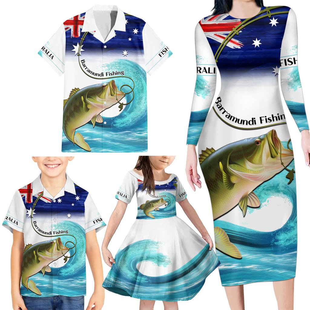 Personalised Australia Fishing Family Matching Long Sleeve Bodycon Dress and Hawaiian Shirt Barramundi With Ocean Waves Flag Grunge Style