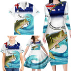 Personalised Australia Fishing Family Matching Long Sleeve Bodycon Dress and Hawaiian Shirt Barramundi With Ocean Waves Flag Grunge Style