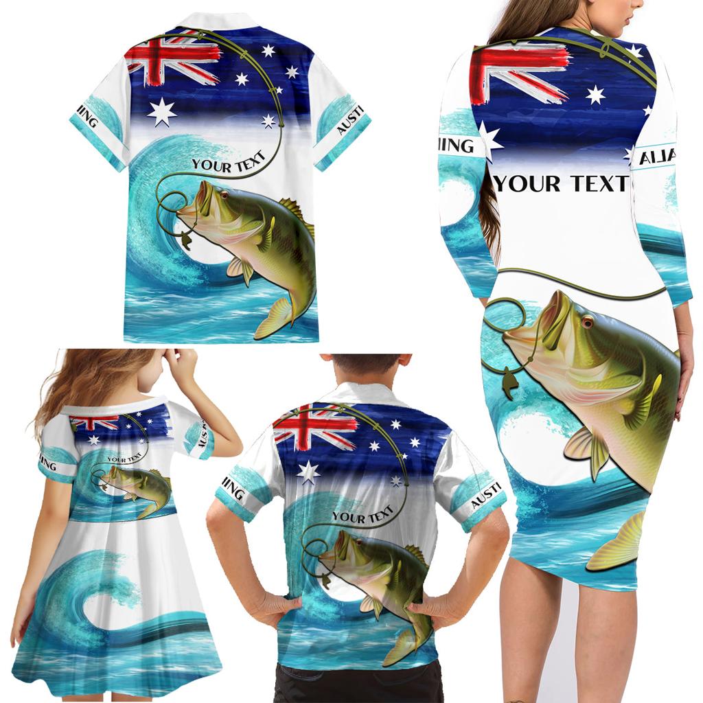 Personalised Australia Fishing Family Matching Long Sleeve Bodycon Dress and Hawaiian Shirt Barramundi With Ocean Waves Flag Grunge Style