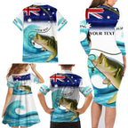 Personalised Australia Fishing Family Matching Long Sleeve Bodycon Dress and Hawaiian Shirt Barramundi With Ocean Waves Flag Grunge Style