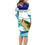 Personalised Australia Fishing Family Matching Long Sleeve Bodycon Dress and Hawaiian Shirt Barramundi With Ocean Waves Flag Grunge Style