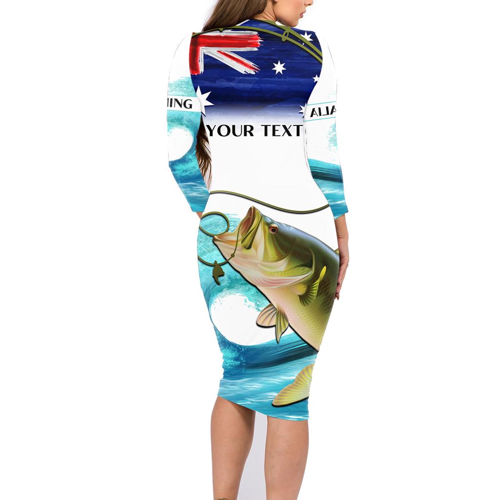 Personalised Australia Fishing Family Matching Long Sleeve Bodycon Dress and Hawaiian Shirt Barramundi With Ocean Waves Flag Grunge Style