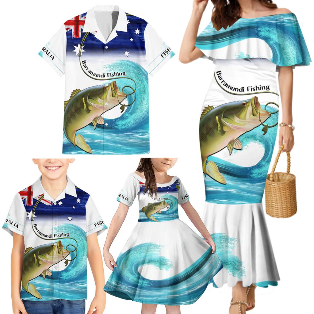 Personalised Australia Fishing Family Matching Mermaid Dress and Hawaiian Shirt Barramundi With Ocean Waves Flag Grunge Style