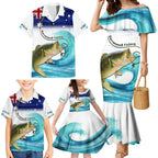 Personalised Australia Fishing Family Matching Mermaid Dress and Hawaiian Shirt Barramundi With Ocean Waves Flag Grunge Style