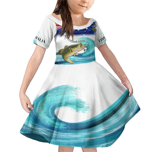 Personalised Australia Fishing Family Matching Mermaid Dress and Hawaiian Shirt Barramundi With Ocean Waves Flag Grunge Style