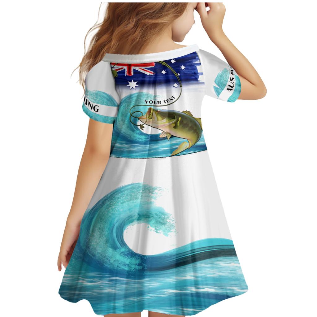 Personalised Australia Fishing Family Matching Mermaid Dress and Hawaiian Shirt Barramundi With Ocean Waves Flag Grunge Style
