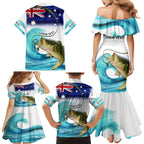 Personalised Australia Fishing Family Matching Mermaid Dress and Hawaiian Shirt Barramundi With Ocean Waves Flag Grunge Style