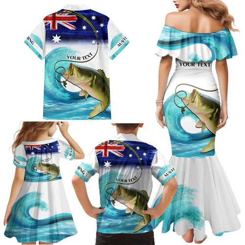 Personalised Australia Fishing Family Matching Mermaid Dress and Hawaiian Shirt Barramundi With Ocean Waves Flag Grunge Style