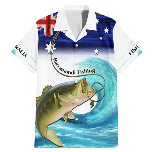 Personalised Australia Fishing Family Matching Mermaid Dress and Hawaiian Shirt Barramundi With Ocean Waves Flag Grunge Style