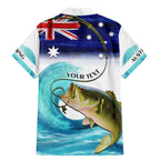 Personalised Australia Fishing Family Matching Mermaid Dress and Hawaiian Shirt Barramundi With Ocean Waves Flag Grunge Style