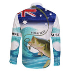 Personalised Australia Fishing Family Matching Mermaid Dress and Hawaiian Shirt Barramundi With Ocean Waves Flag Grunge Style