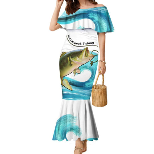 Personalised Australia Fishing Family Matching Mermaid Dress and Hawaiian Shirt Barramundi With Ocean Waves Flag Grunge Style
