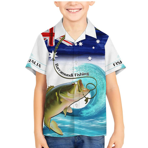 Personalised Australia Fishing Family Matching Mermaid Dress and Hawaiian Shirt Barramundi With Ocean Waves Flag Grunge Style