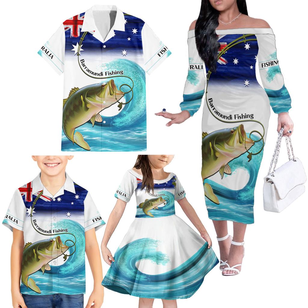 Personalised Australia Fishing Family Matching Off Shoulder Long Sleeve Dress and Hawaiian Shirt Barramundi With Ocean Waves Flag Grunge Style