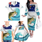 Personalised Australia Fishing Family Matching Off Shoulder Long Sleeve Dress and Hawaiian Shirt Barramundi With Ocean Waves Flag Grunge Style