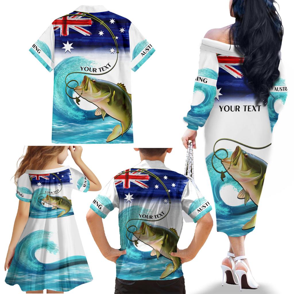 Personalised Australia Fishing Family Matching Off Shoulder Long Sleeve Dress and Hawaiian Shirt Barramundi With Ocean Waves Flag Grunge Style