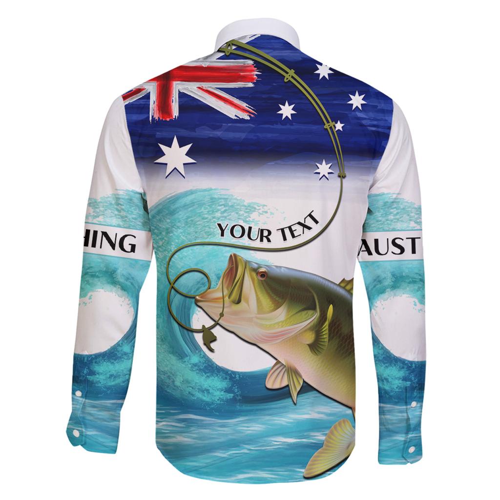 Personalised Australia Fishing Family Matching Off Shoulder Long Sleeve Dress and Hawaiian Shirt Barramundi With Ocean Waves Flag Grunge Style