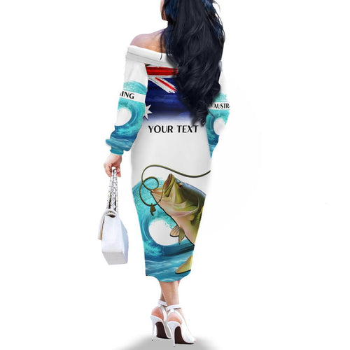 Personalised Australia Fishing Family Matching Off Shoulder Long Sleeve Dress and Hawaiian Shirt Barramundi With Ocean Waves Flag Grunge Style