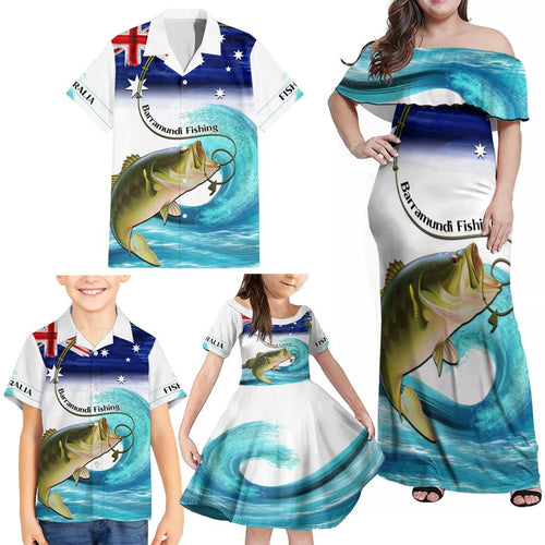 Personalised Australia Fishing Family Matching Off Shoulder Maxi Dress and Hawaiian Shirt Barramundi With Ocean Waves Flag Grunge Style