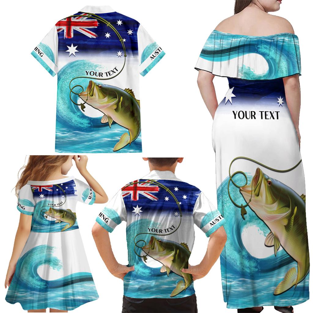 Personalised Australia Fishing Family Matching Off Shoulder Maxi Dress and Hawaiian Shirt Barramundi With Ocean Waves Flag Grunge Style
