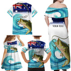 Personalised Australia Fishing Family Matching Off Shoulder Maxi Dress and Hawaiian Shirt Barramundi With Ocean Waves Flag Grunge Style