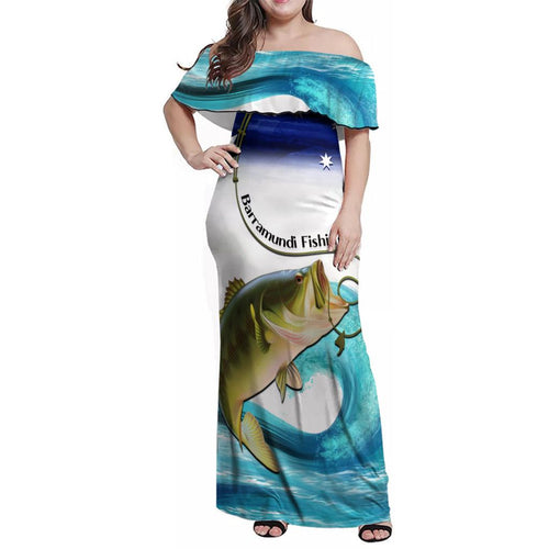 Personalised Australia Fishing Family Matching Off Shoulder Maxi Dress and Hawaiian Shirt Barramundi With Ocean Waves Flag Grunge Style