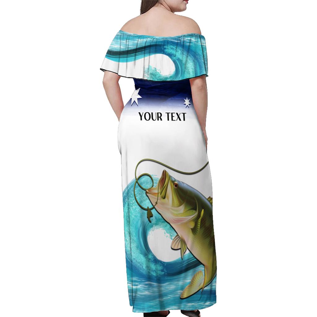 Personalised Australia Fishing Family Matching Off Shoulder Maxi Dress and Hawaiian Shirt Barramundi With Ocean Waves Flag Grunge Style