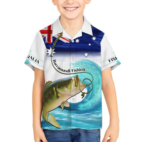 Personalised Australia Fishing Family Matching Off Shoulder Maxi Dress and Hawaiian Shirt Barramundi With Ocean Waves Flag Grunge Style