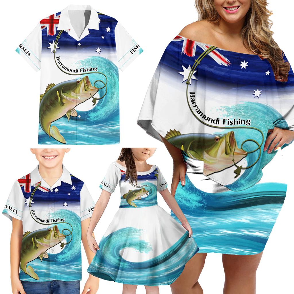 Personalised Australia Fishing Family Matching Off Shoulder Short Dress and Hawaiian Shirt Barramundi With Ocean Waves Flag Grunge Style