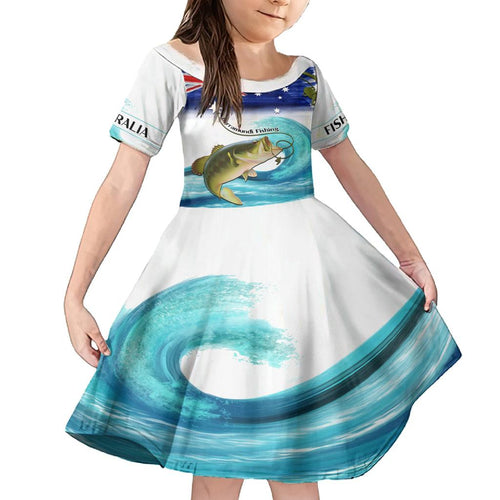 Personalised Australia Fishing Family Matching Off Shoulder Short Dress and Hawaiian Shirt Barramundi With Ocean Waves Flag Grunge Style