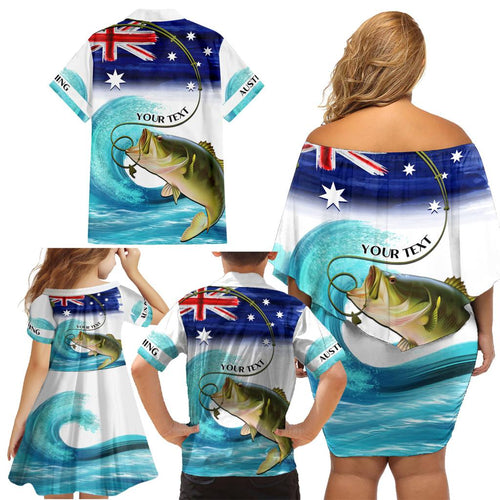 Personalised Australia Fishing Family Matching Off Shoulder Short Dress and Hawaiian Shirt Barramundi With Ocean Waves Flag Grunge Style