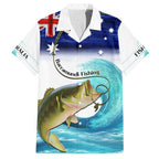 Personalised Australia Fishing Family Matching Off Shoulder Short Dress and Hawaiian Shirt Barramundi With Ocean Waves Flag Grunge Style
