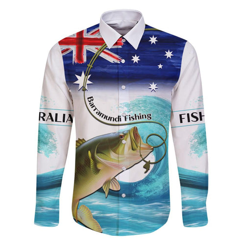 Personalised Australia Fishing Family Matching Off Shoulder Short Dress and Hawaiian Shirt Barramundi With Ocean Waves Flag Grunge Style