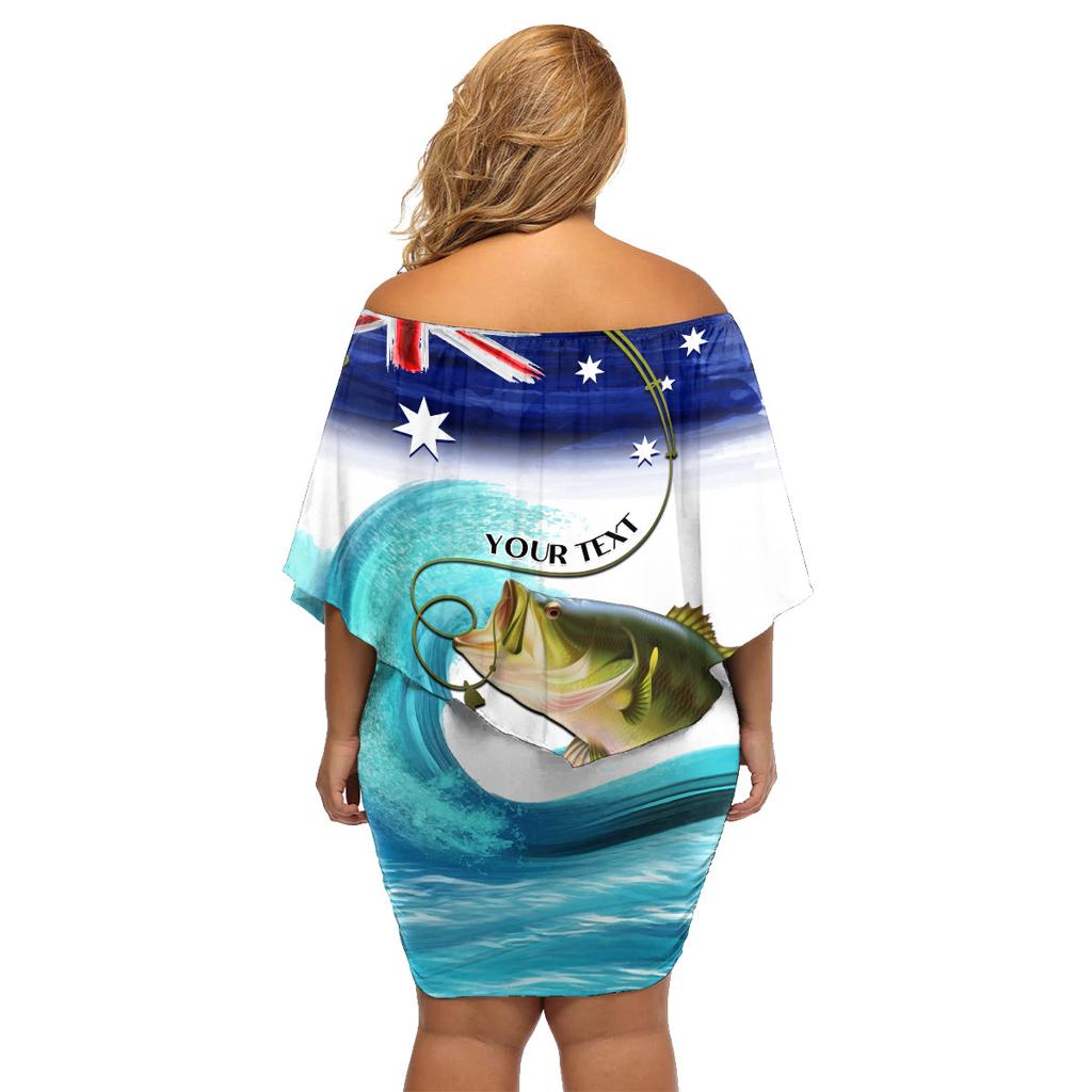 Personalised Australia Fishing Family Matching Off Shoulder Short Dress and Hawaiian Shirt Barramundi With Ocean Waves Flag Grunge Style