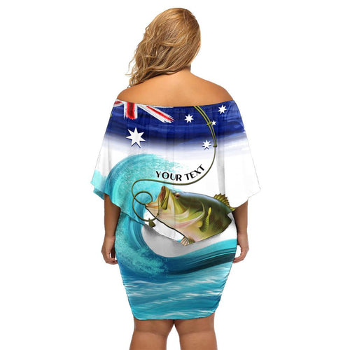 Personalised Australia Fishing Family Matching Off Shoulder Short Dress and Hawaiian Shirt Barramundi With Ocean Waves Flag Grunge Style