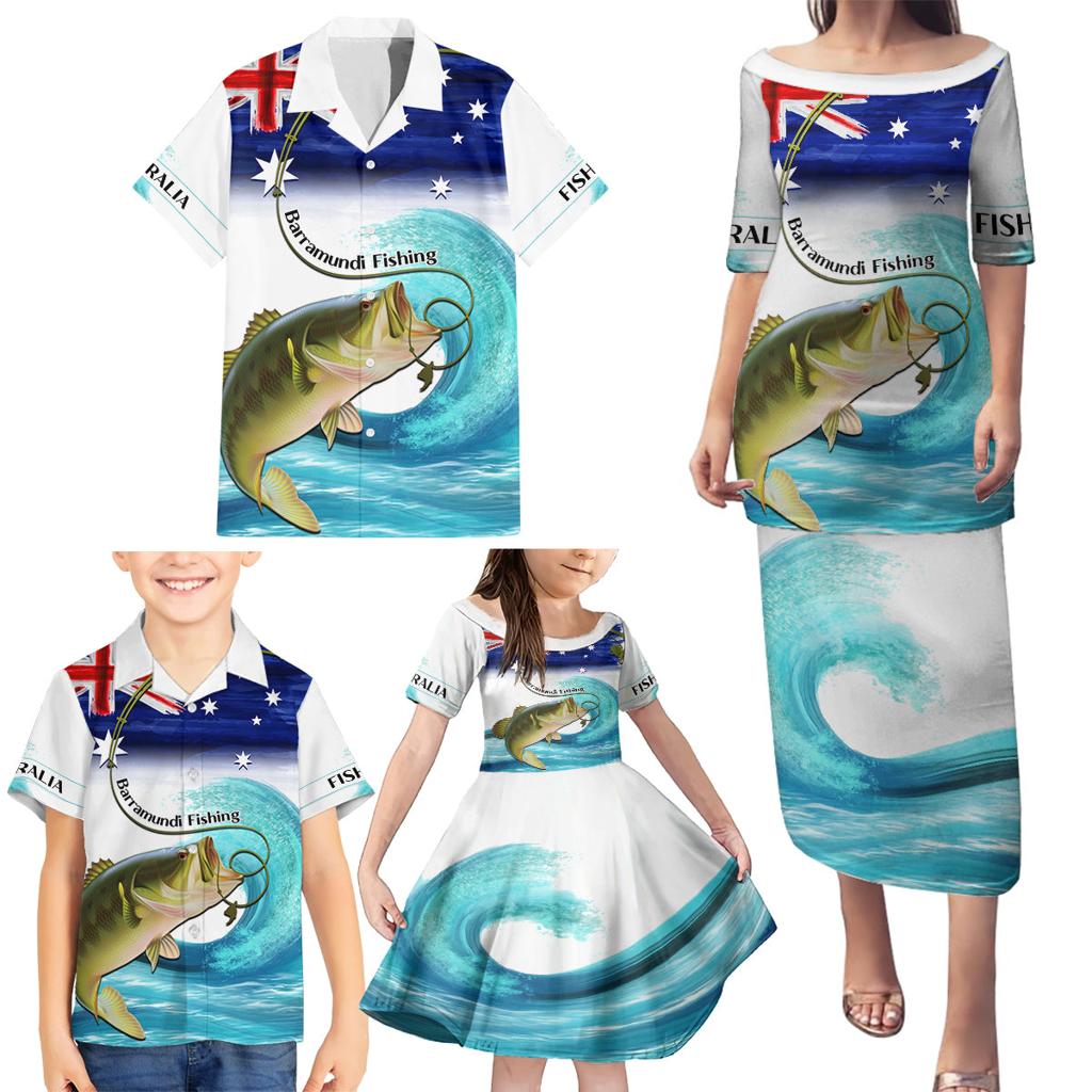 Personalised Australia Fishing Family Matching Puletasi and Hawaiian Shirt Barramundi With Ocean Waves Flag Grunge Style