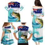 Personalised Australia Fishing Family Matching Puletasi and Hawaiian Shirt Barramundi With Ocean Waves Flag Grunge Style