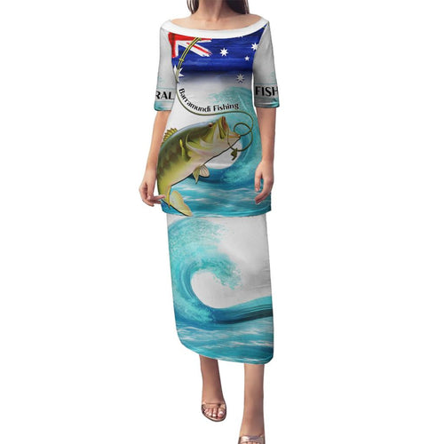 Personalised Australia Fishing Family Matching Puletasi and Hawaiian Shirt Barramundi With Ocean Waves Flag Grunge Style