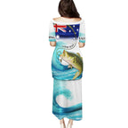 Personalised Australia Fishing Family Matching Puletasi and Hawaiian Shirt Barramundi With Ocean Waves Flag Grunge Style