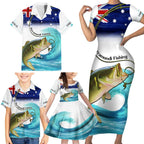 Personalised Australia Fishing Family Matching Short Sleeve Bodycon Dress and Hawaiian Shirt Barramundi With Ocean Waves Flag Grunge Style