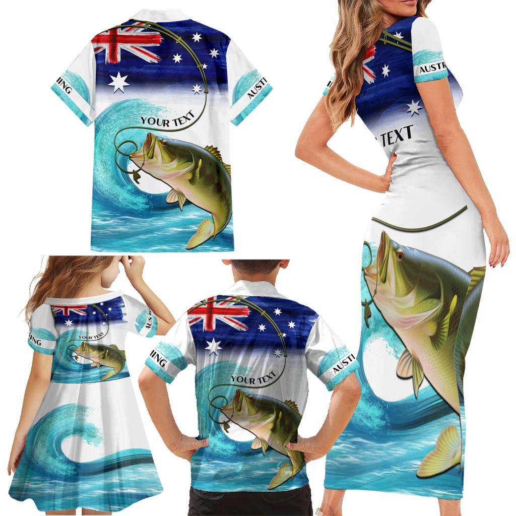 Personalised Australia Fishing Family Matching Short Sleeve Bodycon Dress and Hawaiian Shirt Barramundi With Ocean Waves Flag Grunge Style